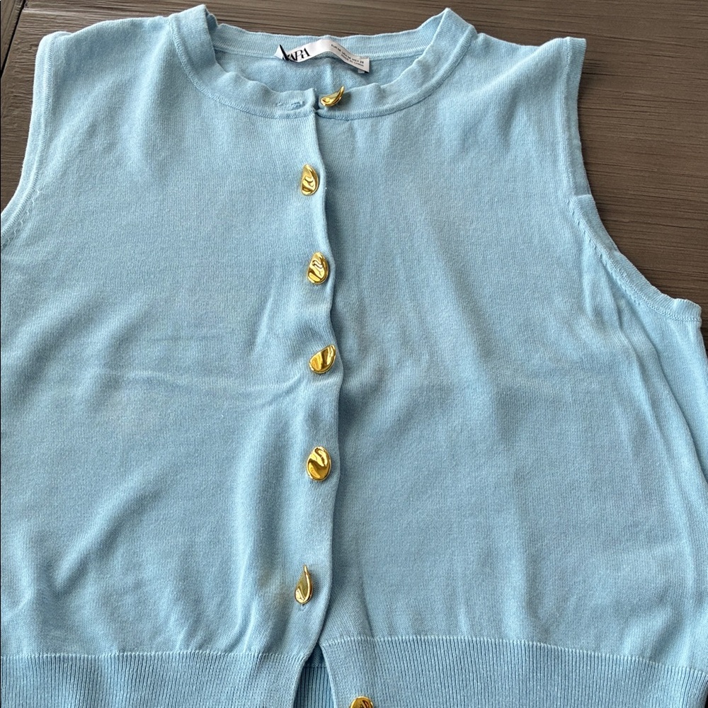 Zara Light Blue Sleeveless Cardigan with Gold Buttons